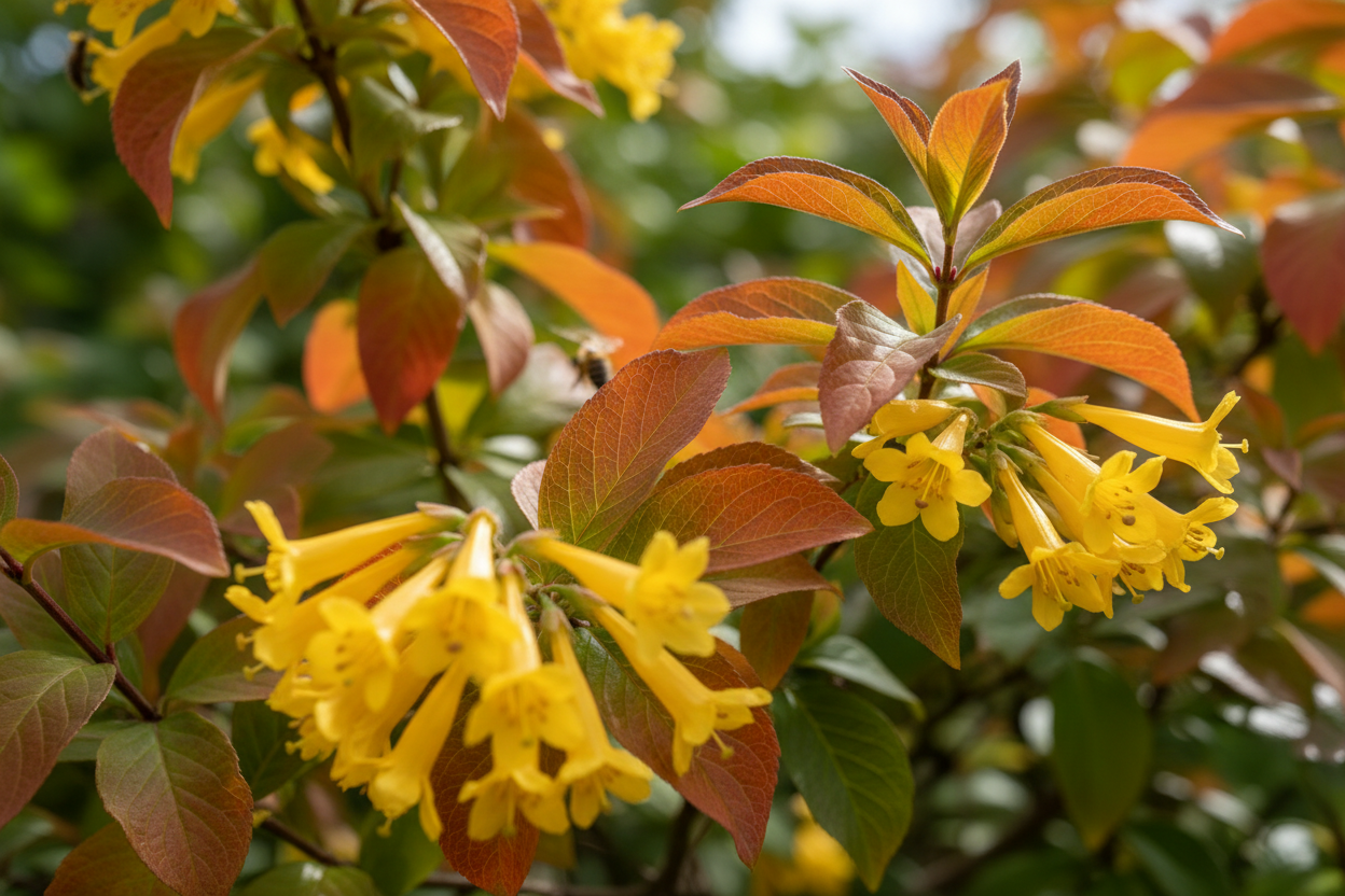 Buschgeißblatt Kodiak Orange - Blüten- und Laubdetail